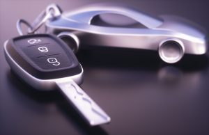 3D illustration. Car key with, metal car key holder.